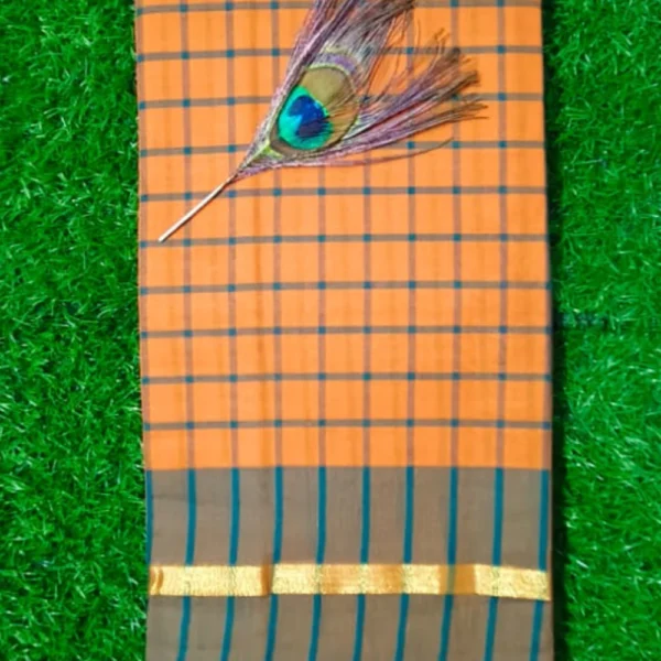 Timeless Charm: Checked Pure Cotton Saree with golden zari lines in border Looks Classic style