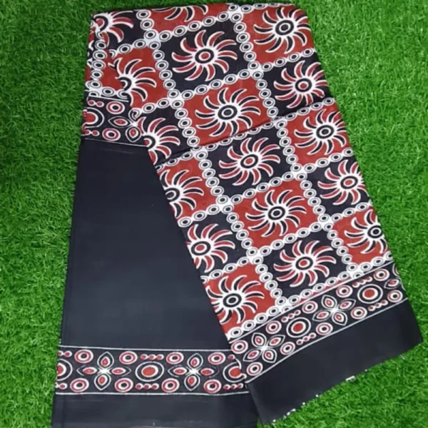Eclipse Elegance – Black & Maroon Mul Mul Cotton Saree with Checked Sun Motifs