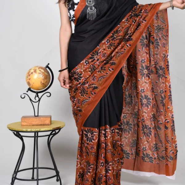 Midnight Bloom: Brown and Black Saree with Floral Elegance