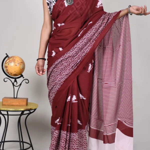 Soft Cotton Saree in Maroon with Bird Shadow Print – Ethnic Wear for Women