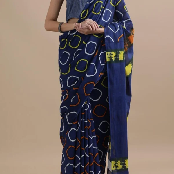 Geometric Grace: Navy Blue Soft Cotton Saree with Orange, White & Yellow Square Motifs