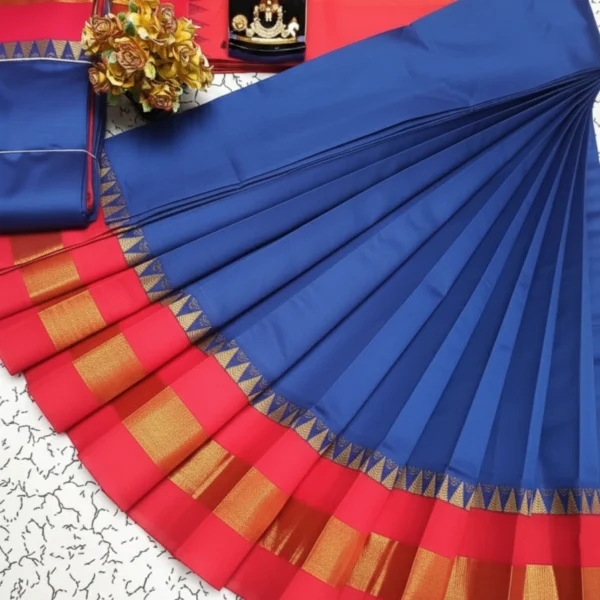 Silk Cotton Saree in  Navy Blue & Red Border