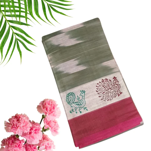Olive Green Ikkat Cotton Saree