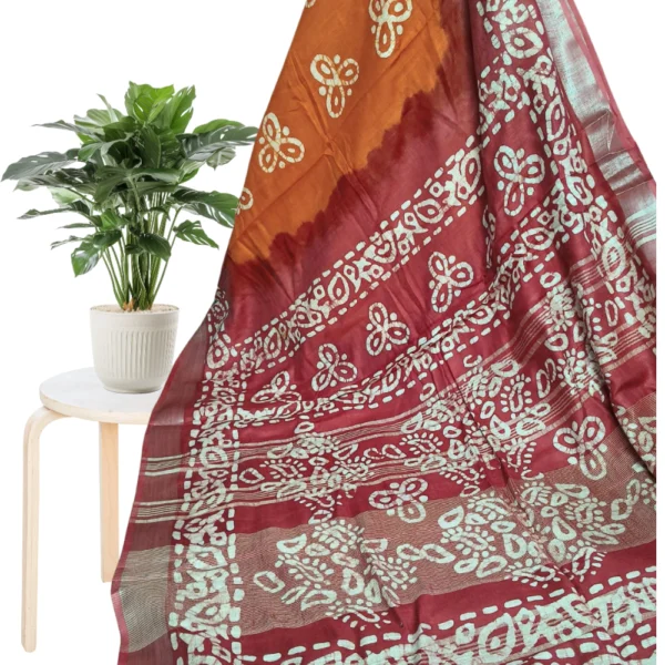 Premium Organic-Dyed Linen Cotton Sarees in Orange with Marron – Timeless Elegance in Natural Hues with silver zari Which Gives Rich Look