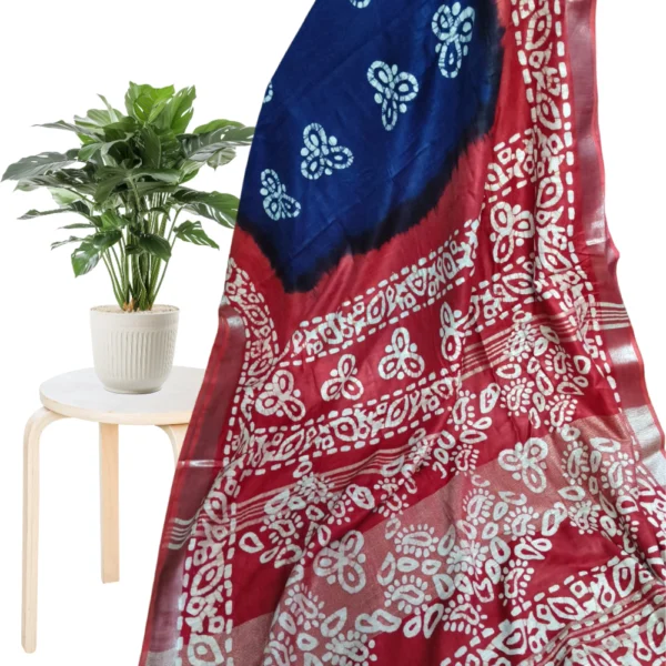 Premium Organic-Dyed Linen Cotton Sarees in Blue with Red – Timeless Elegance in Natural Hues with silver zari Which Gives Rich Look