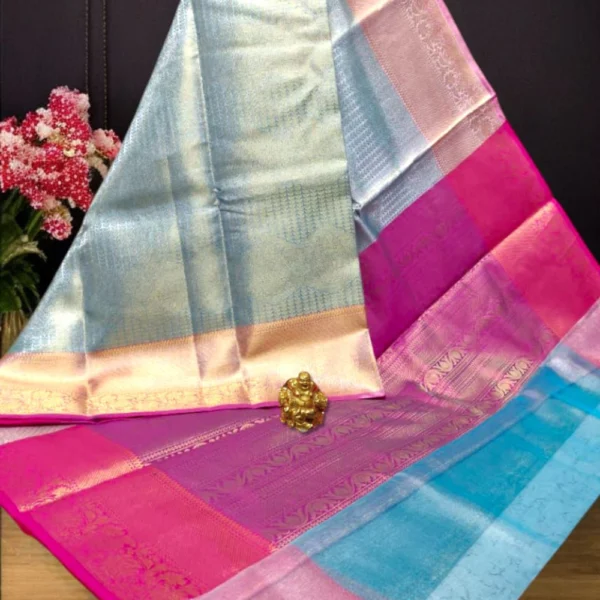 Sky Blue & Pink Banarasi Silk Tissue Brocade Zari Saree