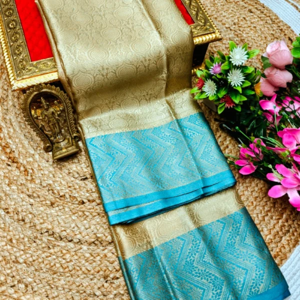 Half Golden & Sky Blue Banarasi Silk Tissue Saree
