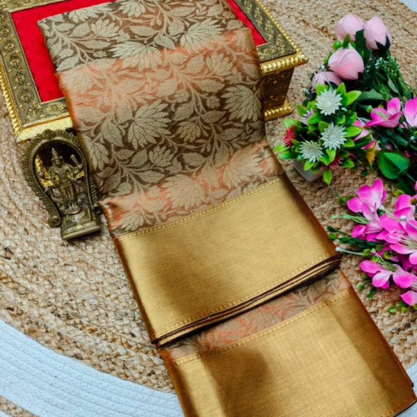 Brown & Golden colour Banarasi Silk Tissue Saree