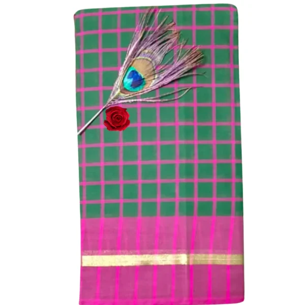 Checked Pure Cotton Saree in Dark Green Colour