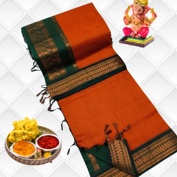 Swarna Pattu – Bright Orange & Green Kalyani Cotton Saree