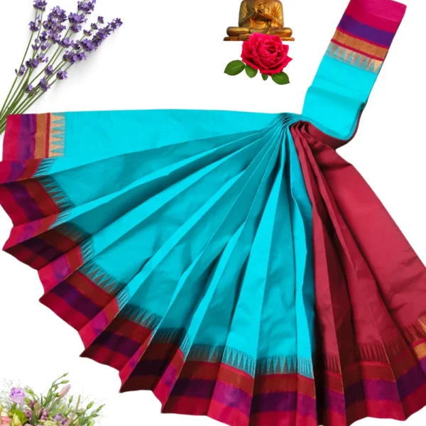 Heritage Touch: Silk Cotton in Style Of Water Blue With Red Border