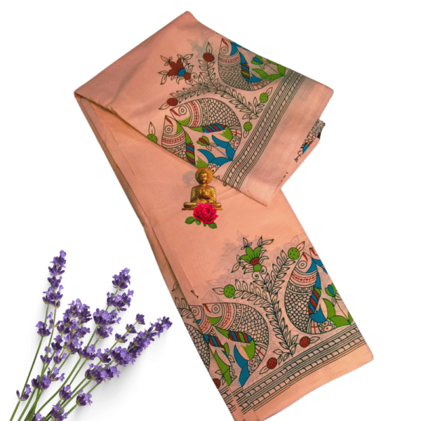 Ethereal Elegance: Premium Madhubani Cotton Saree in soft Fabric Of Orange With Sandle shade