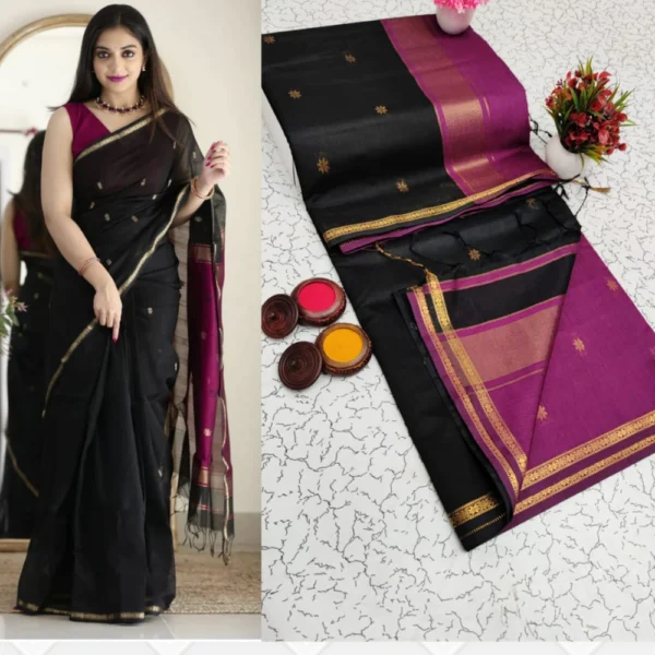 Majestic Black & Magenta Maheshwari Silk Cotton Saree – Elegance with a Regal Touch