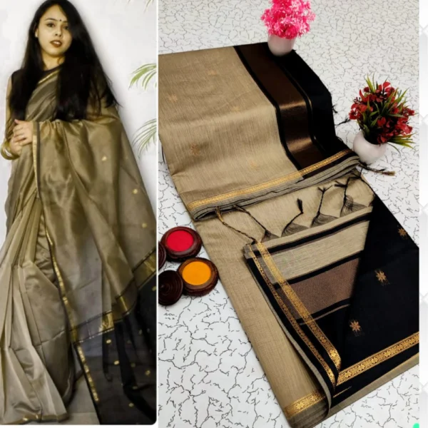 Elegant Gray & Bold Black Maheshwari Silk Cotton Saree – A Statement in Subtle Sophistication