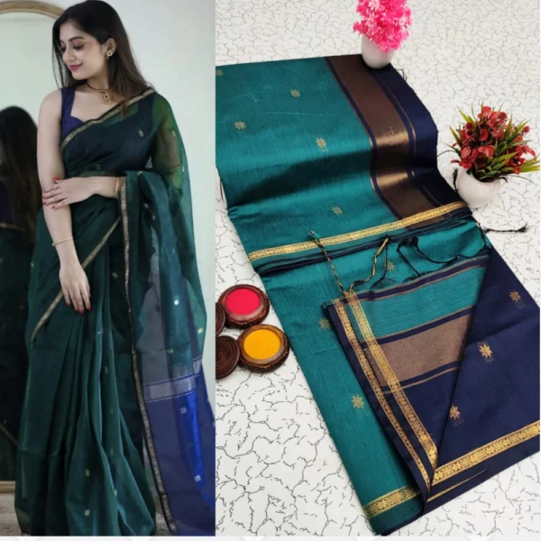 Teal Green & Navy Blue Maheshwari Silk Cotton Saree – A Rich Blend of Elegance and Depth
