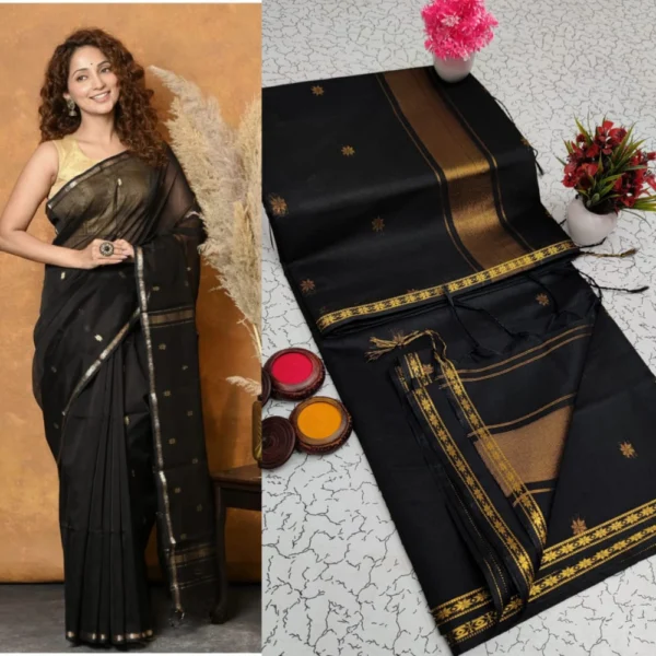 Timeless All-Black Maheshwari Silk Cotton Saree – Bold, Elegant & Everlasting