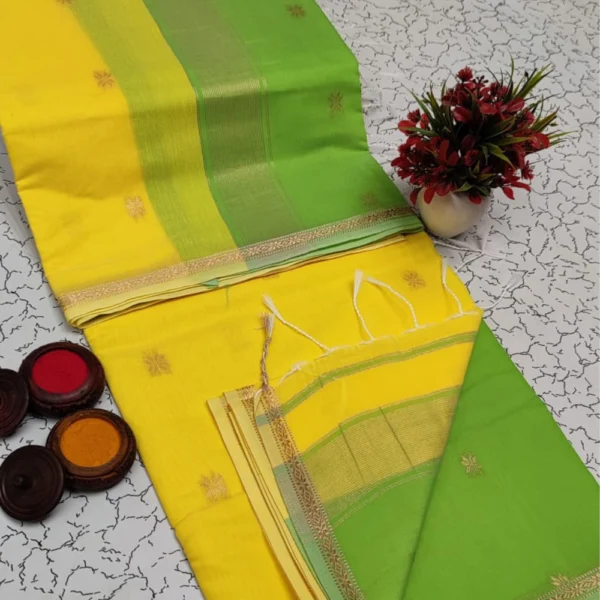 Premium Ethnic Sunshine Yellow & Light Green Maheshwari Silk Cotton Saree – Grace with a Fresh Twist
