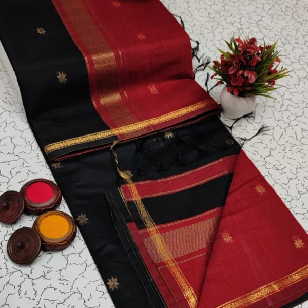 Elegant Black & Deep Pink Maheshwari Silk Cotton Saree – Bold Beauty in Harmony