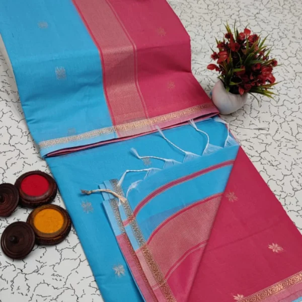 Serene Sky Blue & Charming Pink Maheshwari Silk Cotton Saree – A Breath of Fresh Elegance