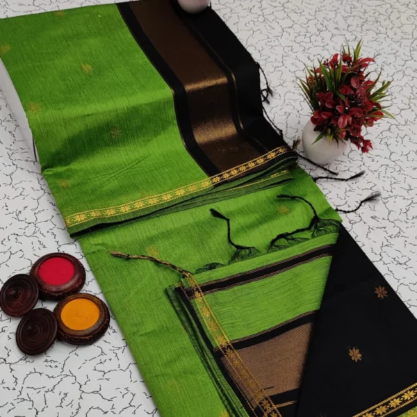 Fresh Light Green & Classic Black Maheshwari Silk Cotton Saree – Subtle Grace with Striking Contrast