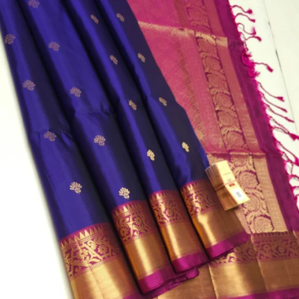 Pure handloom Silk Saree in Navy Blue with Pink Border