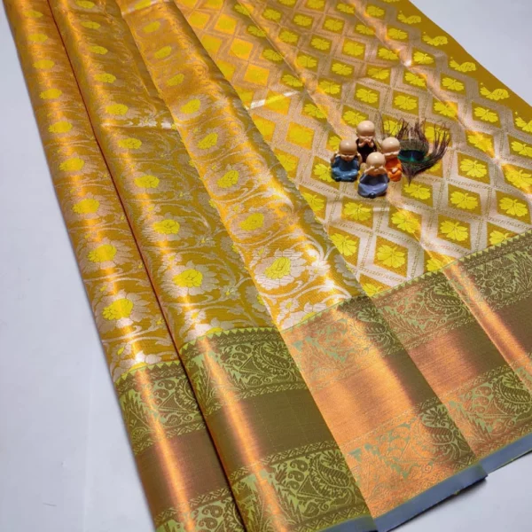 Exclusive Kanchipuram Grand Wedding Tissue Silk Saree in Golden Yellow with Half white