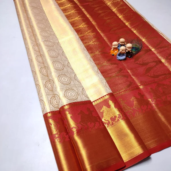 Exclusive Kanchipuram Grand Wedding Tissue Silk Saree in White With Red