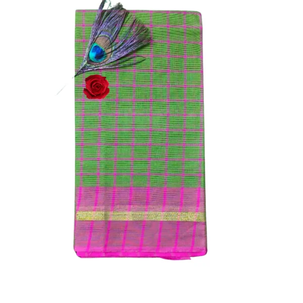 Checked Pure Cotton Saree in Green Colour