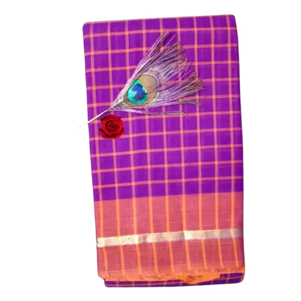 Checked Pure Cotton Saree in Purple Colour