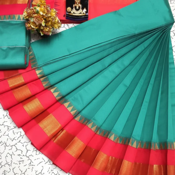 Silk Cotton Saree in & Green & Red Border