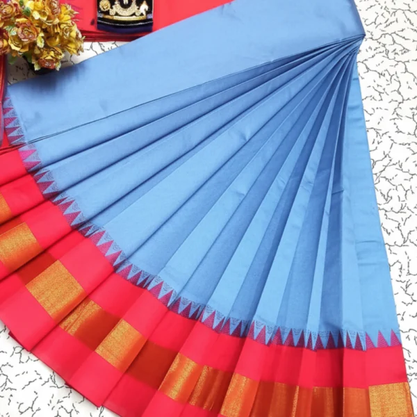 Silk Cotton Saree in  Water Blue & Red Border