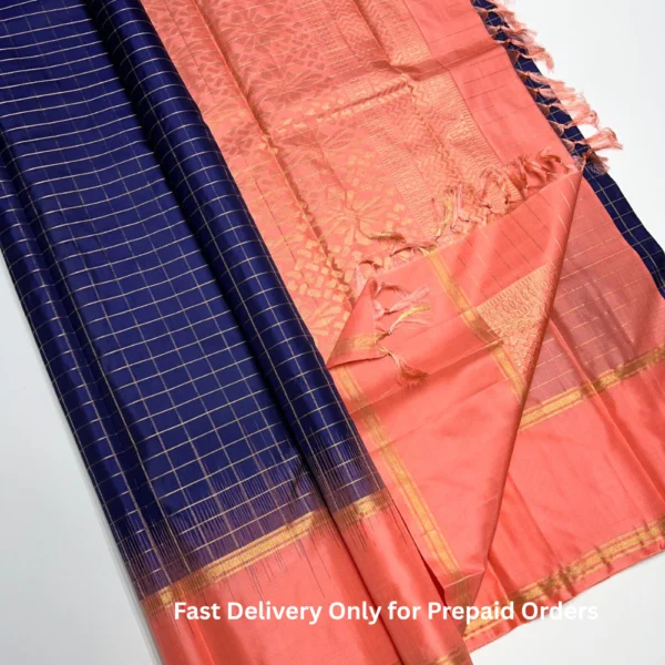 Pure Silk Saree in Checked Design in Blue Colour
