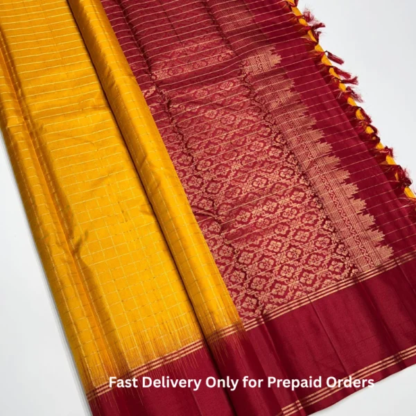 Pure Silk Saree in Checked Design in Yellow Colour