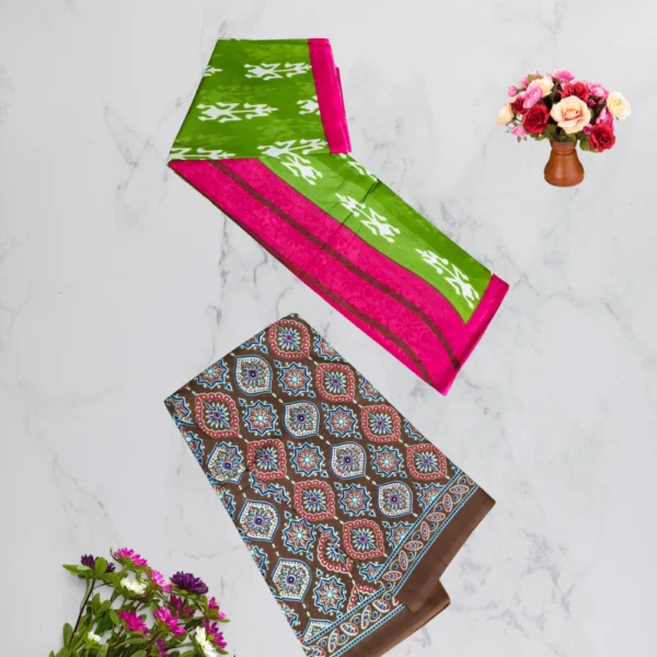 Brown & Green Mul Cotton Saree in combo