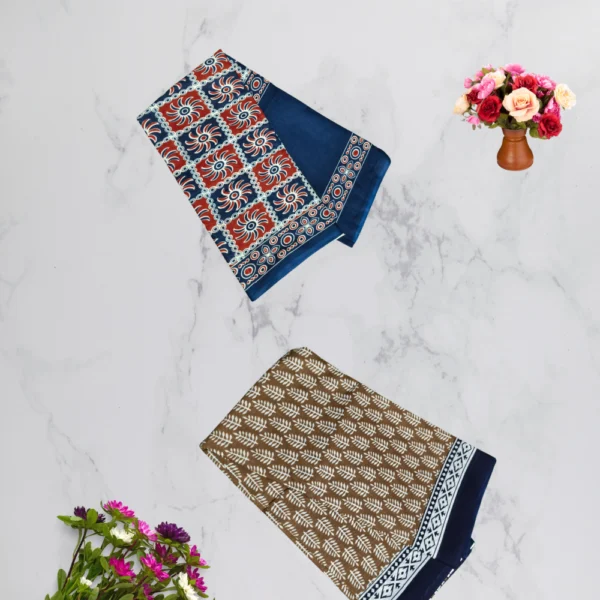 Brown & Blue Mul Cotton Saree in combo