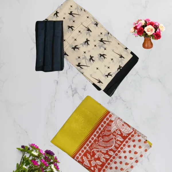 Sandle & Yellow Mul Cotton Saree in combo