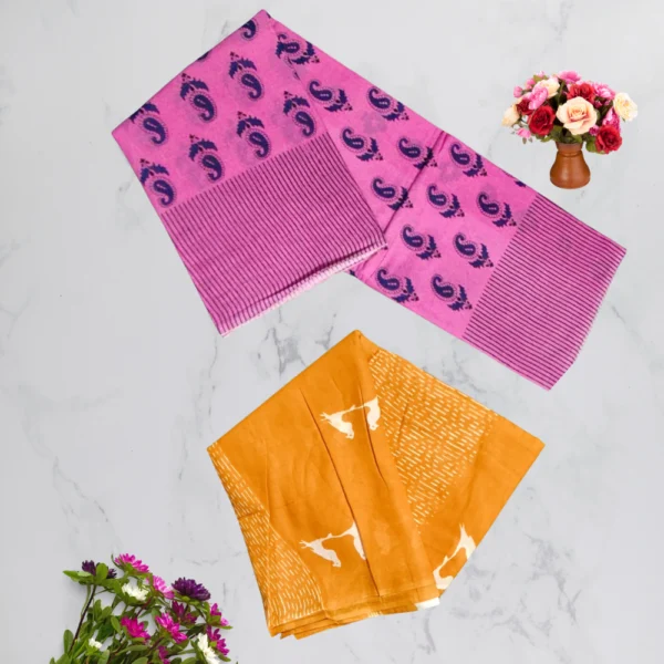 Yellow & Pink Mul Cotton Saree in combo