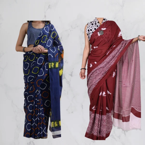 Blue & Maroon Mul Cotton Saree in combo