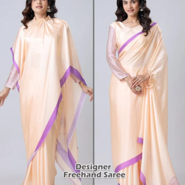 Free Hand Stylish Satin Georgette Saree in Peach Colour