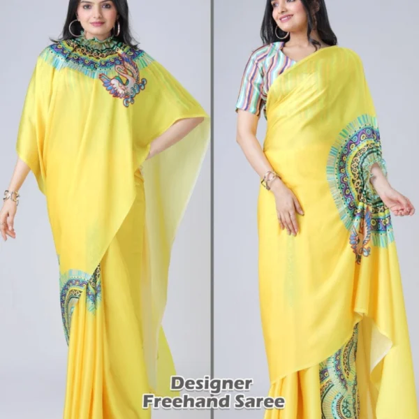 Free Hand Stylish Satin Georgette Saree in Yellow Colour