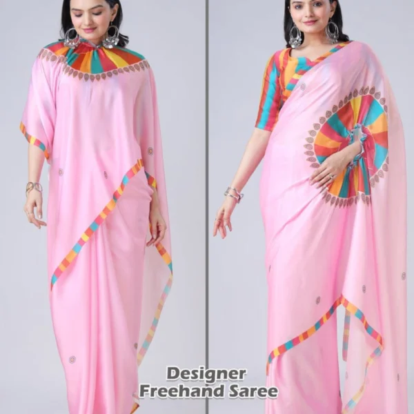 Free Hand Stylish Satin Georgette Saree in Pink Colour