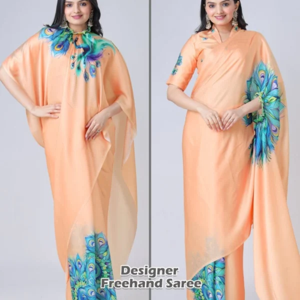 Free Hand Stylish Satin Georgette Saree in Orange Colour
