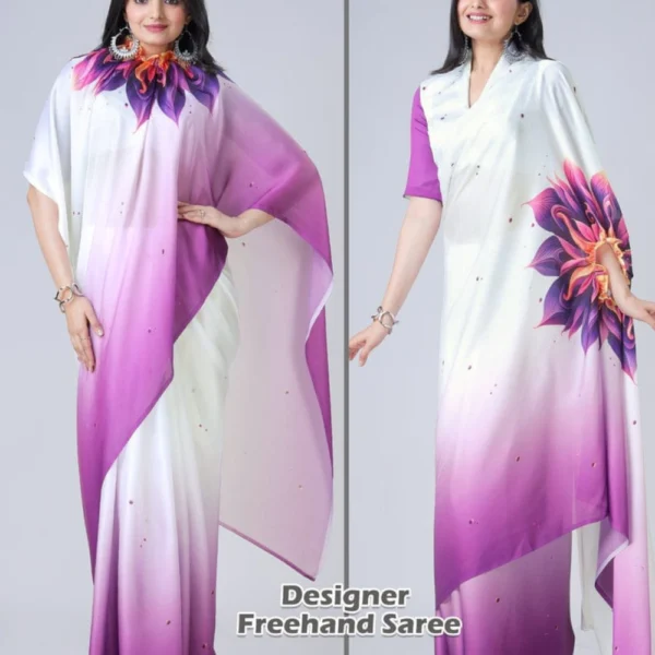Free Hand Stylish Satin Georgette Saree in Purple With White Colour