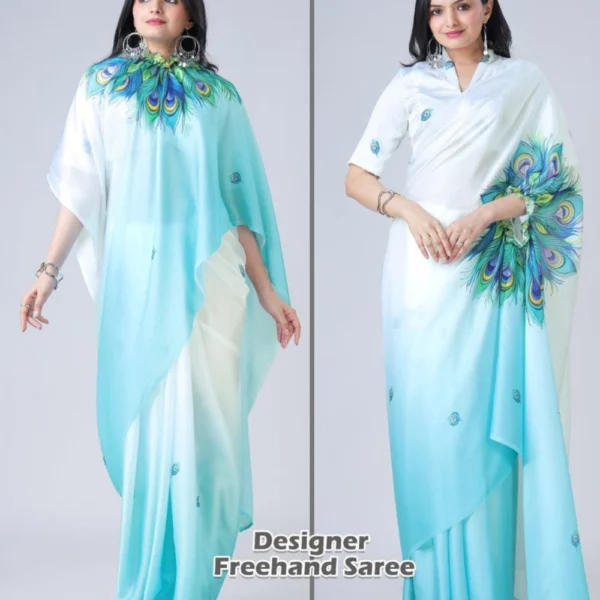 Free Hand Stylish Satin Georgette Saree in Sky Blue With White Colour