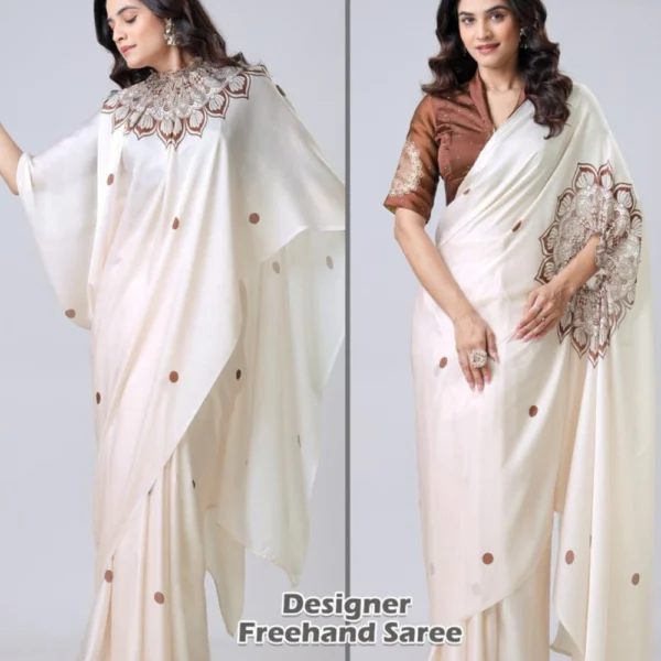 Free Hand Stylish Satin Georgette Saree in Half White With Brown Designed
