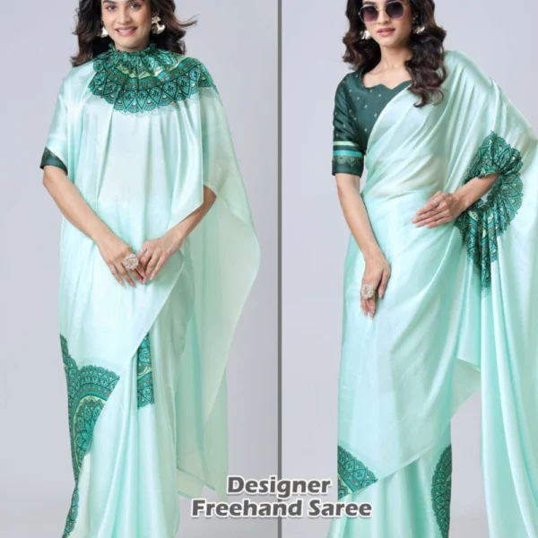 Free Hand Stylish Satin Georgette Saree in Green Colour