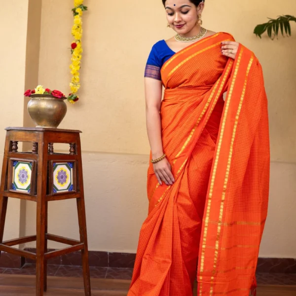 checked cotton sarees in Orange