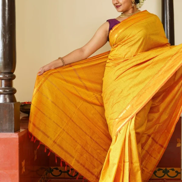 checked cotton sarees in Yellow