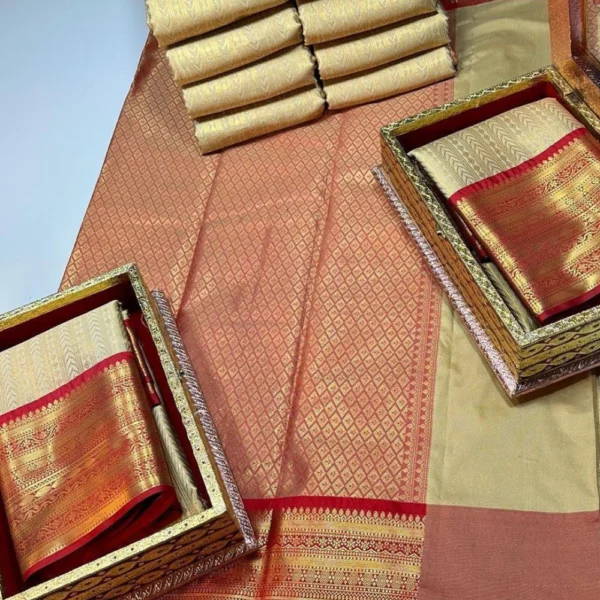 Party wear semi Kanchivaram silk Sarees in Sandle with red