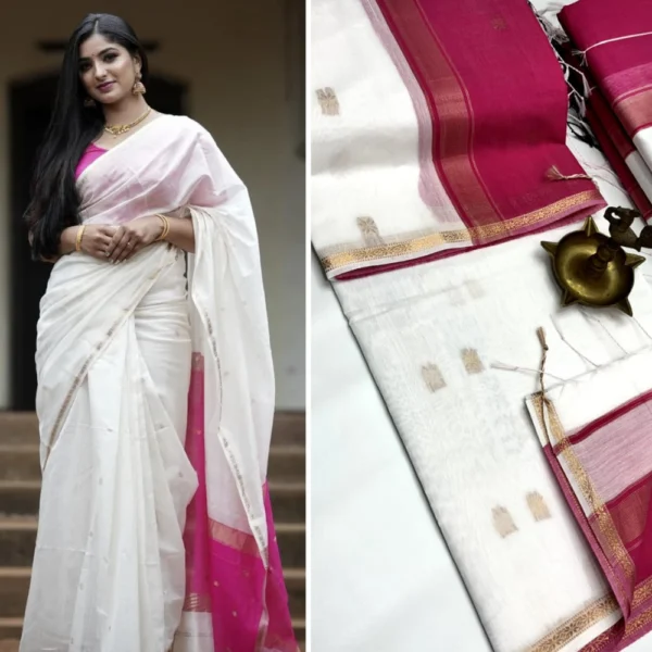 White & Pink Maheshwari Silk Cotton Saree